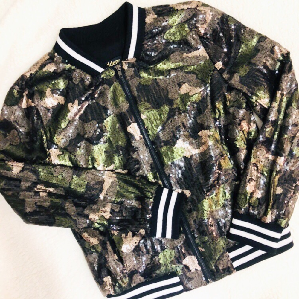NWT SEQUIN Camo Print Bomber Jacket !!